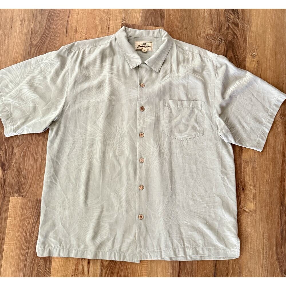 Jamaica Jaxx Mens Light Green Silk Button Down SS Hawaiian Collared Shirt, Large